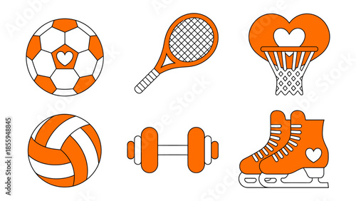 Sports Equipment Icons: A vibrant collection of sports equipment icons, including a soccer ball, tennis racket, basketball hoop, volleyball, dumbbell, and ice skate.