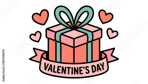 Valentine's Day Gift: A festive gift box adorned with hearts and a ribbon banner, perfect for expressing love and affection on this special occasion.