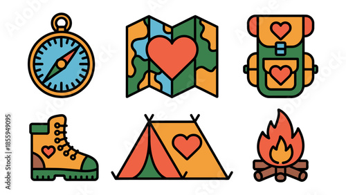 Journey of Love: A delightful collection of camping-themed icons featuring a compass, map, backpack, boot, tent, and campfire. Embodying the spirit of exploration and love for the outdoors.