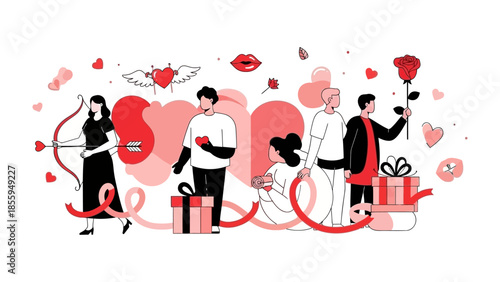 Love and Connections: People gathering around big hearts, Celebrating with arrow, gifts and roses, a symbol of romance, connection, Valentine's Day. 