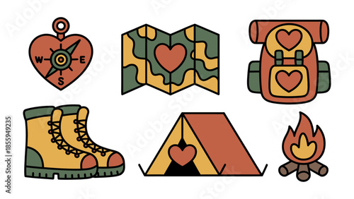 Camping and Heart-Shaped elements: A set of colorful camping elements featuring a compass, map, backpack, boots, tent and campfire all with heart shape decoration
