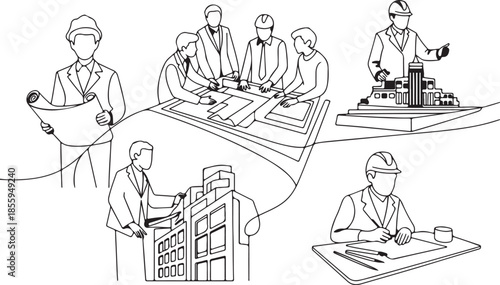 Vector line art illustration set depicting various scenarios in the architecture and construction industry, including team meetings, planning, and design