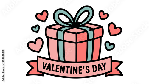 Valentine's Gift: A vibrantly illustrated gift box tied with a delicate bow, adorned with hearts, embodying the spirit of Valentine's Day. 