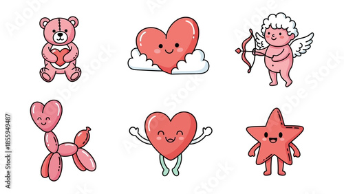 Valentine's Day Icon Set: A delightful array of adorable illustrations, perfect for spreading love and cheer on Valentine's Day. Including a teddy bear, hearts, cupid and more!