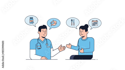 Medical Consultation Illustration Depicting Doctor and Patient Discussing Treatment Options