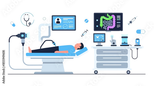 Illustration of modern medical diagnostic process in a clinical laboratory setting featuring