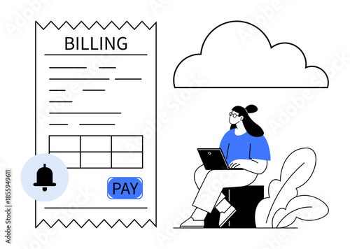 Billing concept. Billing document with a pay button, cloud technology, and person working remotely on a laptop. Billing modern payment processes and digital services. Perfect for finance, cloud