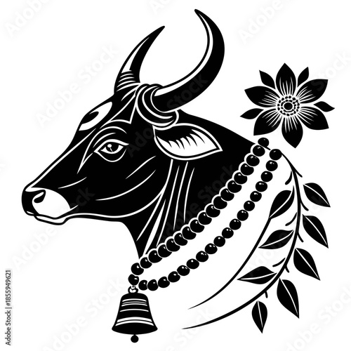 Stylized black and white illustration of a serene bull's head adorned with a crescent moon, floral motifs, and a beaded necklace with a bell evoking spiritual and natural symbolism.