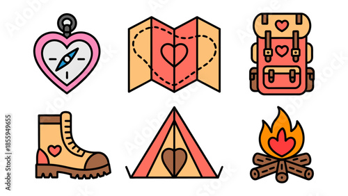 Love and Adventure: A charming arrangement of symbols related to outdoor activities, including a compass, map, backpack, boots, tent, and campfire.