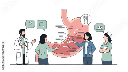 Medical professionals discussing human stomach health and digestive processes with digital icons