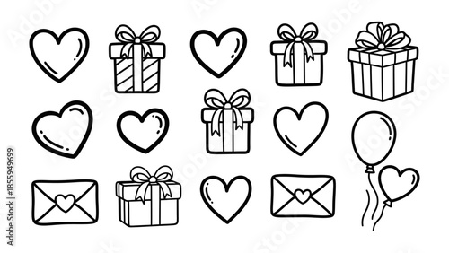 Hand-drawn Love and Celebration: A collection of heart shapes, gift boxes, envelopes, and a balloon, all sketched with simple lines, creating a sense of joy and romance. 