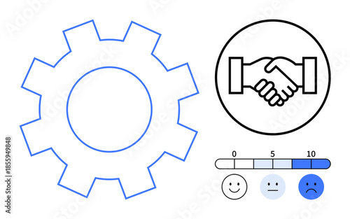 Business concept. Business symbols thumbs up a gear, handshake, and feedback scale teamwork, cooperation, and evaluation. Business for workflow, collaborations, reviews partnerships and customer