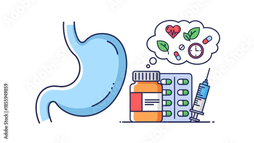 digestive health management with medication and supplements illustrating the stomach