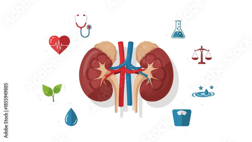 Illustration of Human Kidneys with Medical and Natural Health Icons