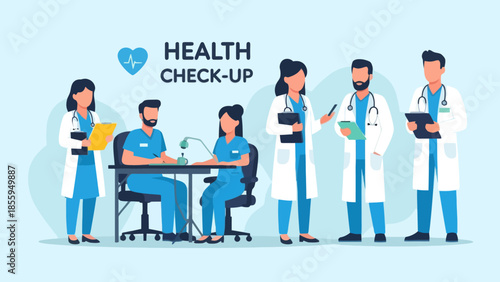 Medical professionals conducting health check-up consultation with diverse healthcare team and