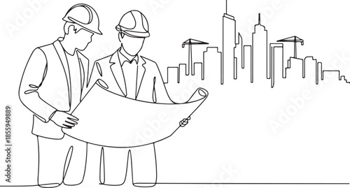 Vector line art illustration of two engineers in hard hats discussing a project blueprint at a construction site with a city outline backdrop