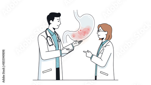 Medical consultation illustrating a doctor explaining stomach issues to a patient with digestive