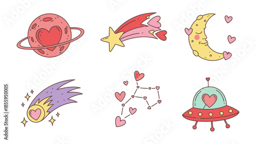 Celestial Love: A charming assortment of celestial bodies adorned with hearts, embodying a sweet fusion of romance and space, perfect for expressing affection and whimsy.