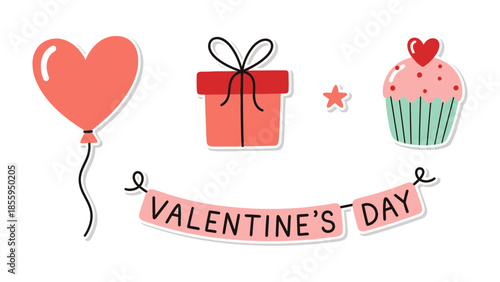 Love's Festive Display: An array of delightful valentine's day embellishments, including a heart-shaped balloon, a wrapped gift, star, a cupcake, and a decorative banner.