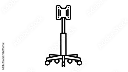 Adjustable medical equipment stand on wheels.