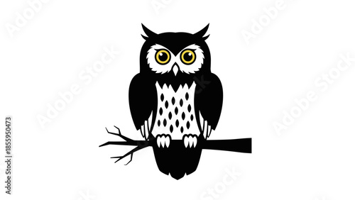 Black and White Owl Illustration on Branch.