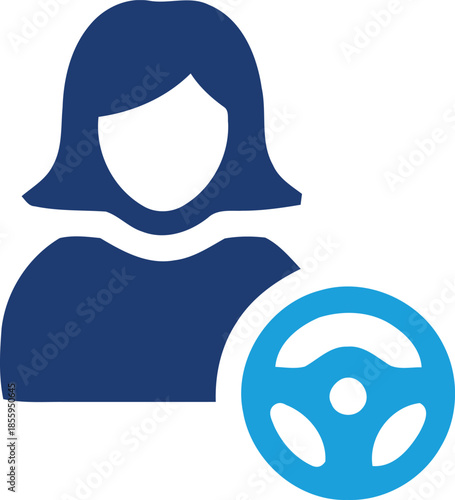 Female driver icon with a steering wheel depiction in a flat style