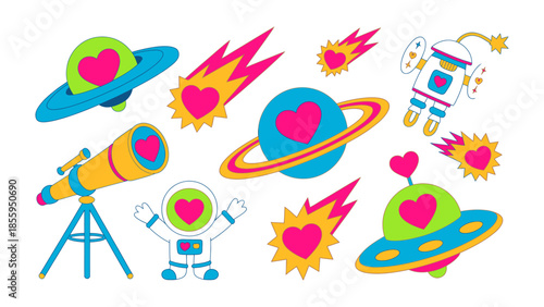 Cosmic Love: Whimsical illustrations depict celestial objects, including planets, meteors, spaceships, and a telescope, each adorned with hearts, creating a whimsical and enchanting atmosphere.