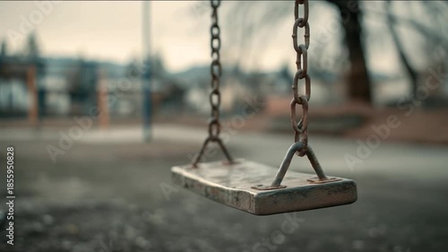 Swing Swaying Gently in Empty Playground During Calm Overcast Day with Soft Focus Background