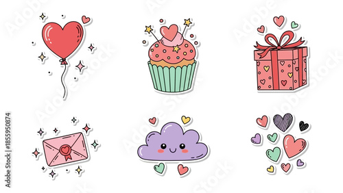 Valentines Day Symbols: A collection of charming cartoon illustrations, filled with love and romance. Featuring heart-shaped balloons, cupcakes, gifts, letters, clouds, and scattered hearts
