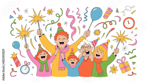 Celebration Moments: A jubilant family, united in joyous revelry, ignites sparklers amidst a whirlwind of festive decorations. Capturing pure happiness