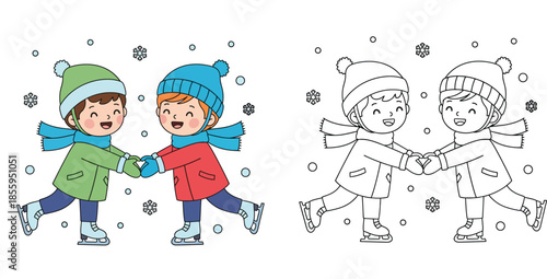 Coloring page of two happy cartoon boys ice skating together, vector illustration with colored example and outline for kids winter activity