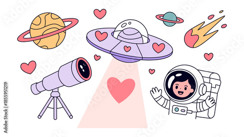 Interstellar Love: Adorable astronaut extends a warm greeting amidst cosmic objects, including a telescope, UFO, planets and meteor with hearts. A delightful illustration conveying love and wonder. 