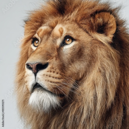 A majestic lion poses regally, showcasing its striking features and magnificent mane against a neutral background.