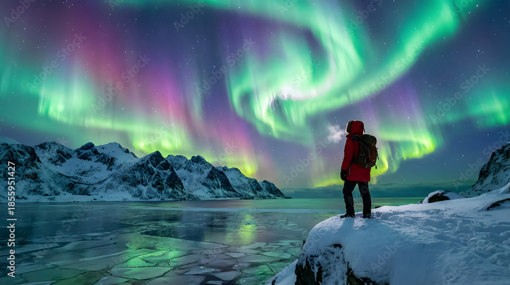 Obraz premium A lone explorer stands on a snow-covered cliff, mesmerized by the vibrant, dancing Northern Lights illuminating the majestic frozen landscape and sky