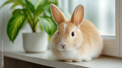 A cute rabbit resting peacefully by a window, with a lush green plant in the background, creating a serene home atmosphere.