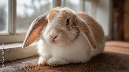 A cute rabbit resting peacefully by a window, showcasing its fluffy fur and adorable expression in a cozy indoor setting.