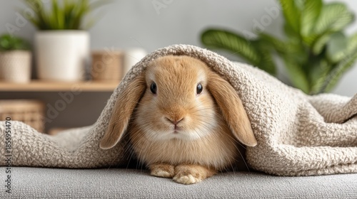 A cute bunny resting comfortably under a soft blanket, surrounded by green plants, creating a cozy indoor atmosphere.