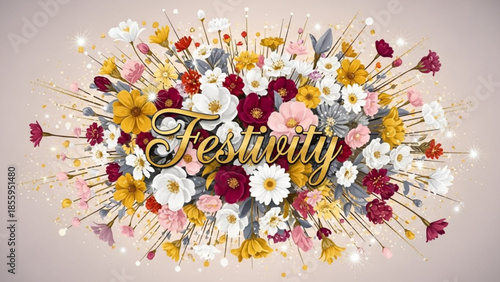 Vibrant colorful flowers arrangement with festivity text on beige background