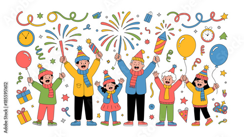 Festive Gathering: A vibrant cartoon depicts a joyous family, celebrating with party favors and fireworks, surrounded by cheerful decorations.