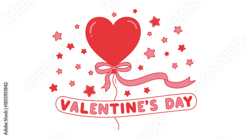 Valentine's Day Heart Balloon: A vibrant heart balloon floats against a backdrop of stars and celebratory message, a perfect illustration of love and affection.