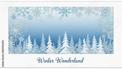 Snowy forest landscape with pine trees and snowflakes in winter