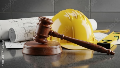 Weathered wooden judge's gavel rests upon yellow construction helmet symbolizing labor law and building regulations against dark concrete
