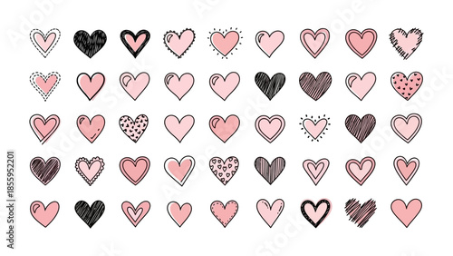 Valentine Hearts Array: A collection of various drawn heart shapes in a soft color palette to evoke feelings of love. A multitude of hand-drawn heart illustrations, perfect for design and crafting.