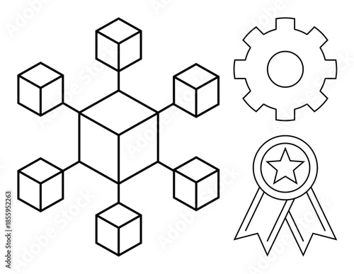 Blockchain, data systems, certification, technology, innovation, process optimization. Central cube connected to blocks, gear and ribbon with a star. Blockchain and certification concept visuals