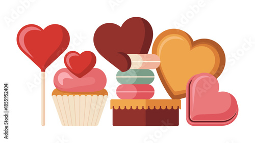 Sweet Treats: A collection of heart-shaped candies, cupcakes, and cookies, each a small token of love, perfect for Valentine's Day or any occasion of affection. 
