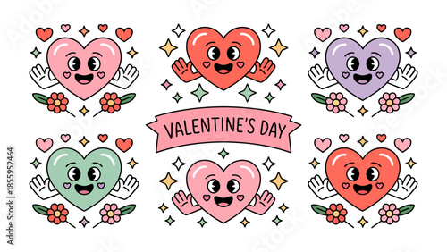 Valentine's Day hearts: A heartwarming Valentine's Day illustration, featuring cheerful heart-shaped characters expressing love and joy, accompanied by flowers and a festive banner. 