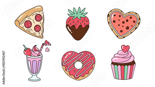Delectable Delights: A colorful collage of tempting treats: A variety of gourmet temptations, including pizza, strawberry, cookie, milkshake, donut, and cupcake.