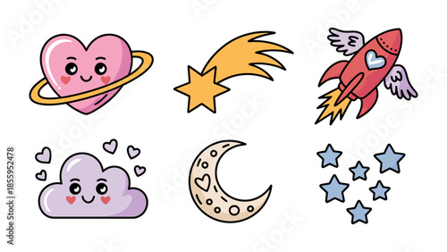 Cosmic Love Collection: This whimsical illustration features a collection of adorable celestial bodies and imagery, perfect for conveying themes of love, dreams, and endless possibilities.