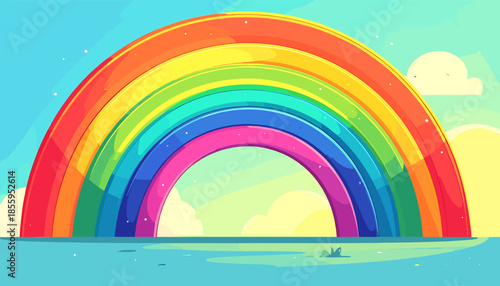 Colorful rainbow illustration with blue sky and ground, cartoon style.