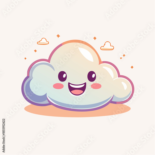 Cute cartoon cloud with a smiling face and rosy cheeks, surrounded by small clouds and sparkles.